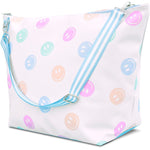White weekender bag with pastel smiley face print and blue striped adjustable strap