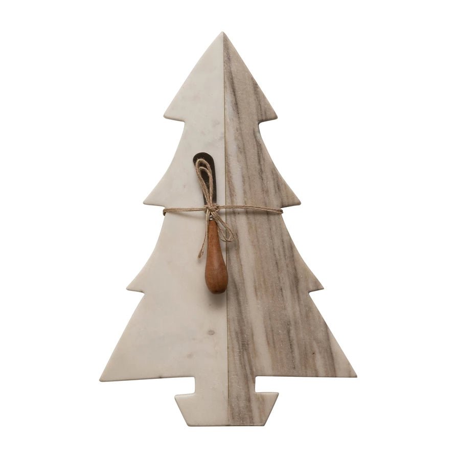 Christmas tree-shaped marble cheese board with wood canapé knife tied in twine
