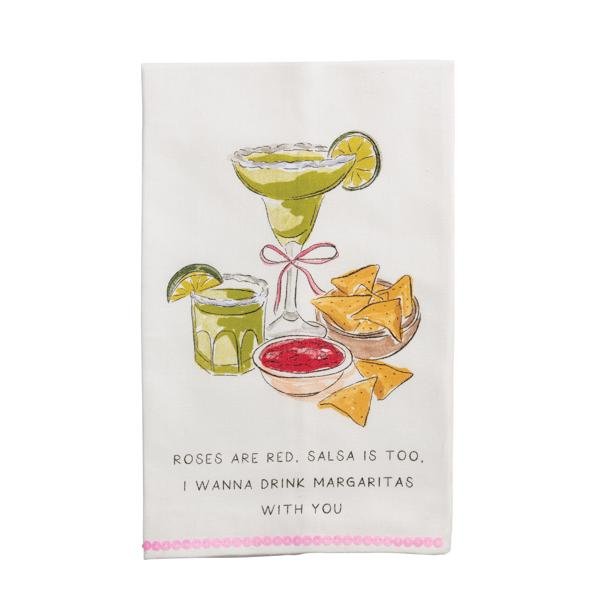 Cotton hand towel featuring margarita and chips illustration with pink sequin trim and Valentine saying.