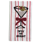 Cotton towel with red and green stripes featuring beaded martini glass design and “Tipsy and Bright” text.