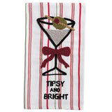 Cotton towel with red and green stripes featuring beaded martini glass design and “Tipsy and Bright” text.