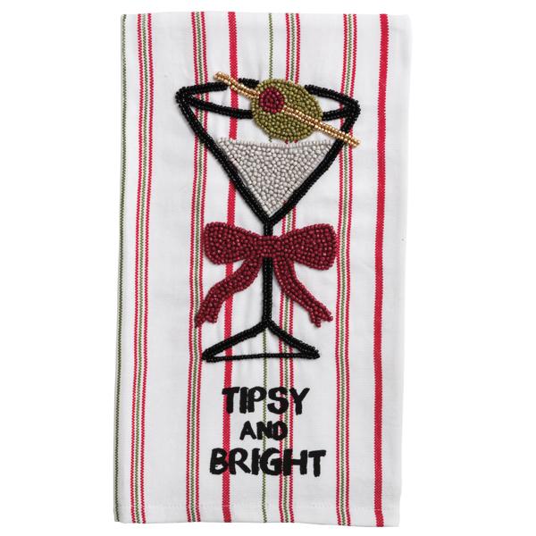Cotton towel with red and green stripes featuring beaded martini glass design and “Tipsy and Bright” text.