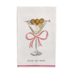 Cotton towel featuring martini glass with olives and pink sequin trim, “Olive You More” printed below.