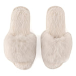 White faux fur open-toe house slippers with soft fabric lining