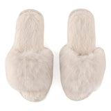 White faux fur open-toe house slippers with soft fabric lining