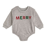 Grey French terry baby sweatshirt bubble with red and green 'MERRY' bouclé letters and ribbed trim