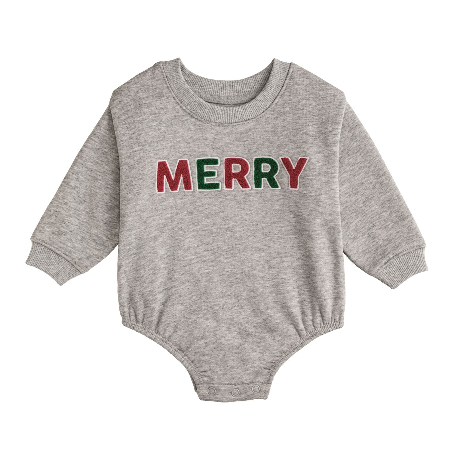 Grey French terry baby sweatshirt bubble with red and green 'MERRY' bouclé letters and ribbed trim
