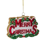 5.5-inch multicolor glass ornament with bold “Merry Christmas” lettering design.