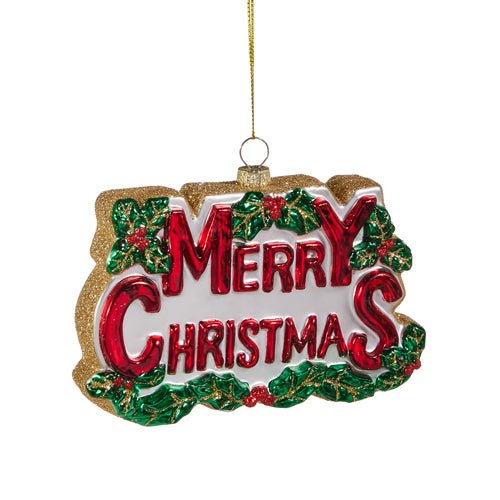 5.5-inch multicolor glass ornament with bold “Merry Christmas” lettering design.
