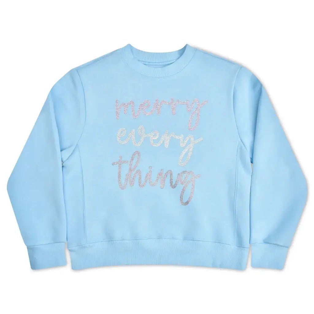 Children’s light blue Merry Everything sweatshirt with pink and silver glitter lettering, soft cotton-blend holiday pullover.
