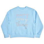 Children’s light blue Merry Everything sweatshirt with pink and silver glitter lettering, soft cotton-blend holiday pullover.