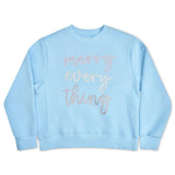 Children’s light blue Merry Everything sweatshirt with pink and silver glitter lettering, soft cotton-blend holiday pullover.