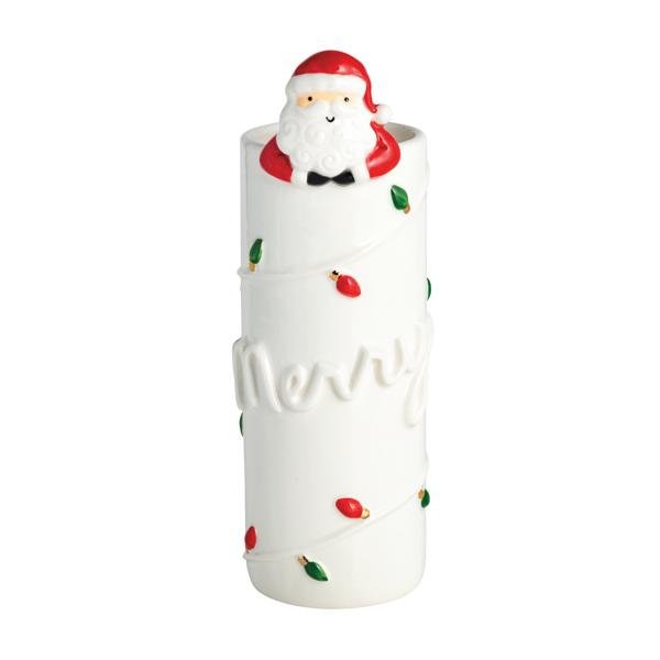 White ceramic bud vase with Santa figurine and Christmas lights detail.