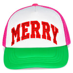 Holiday trucker hat with “MERRY” embroidered in red glitter letters, featuring a green brim, white front, and pink mesh back.