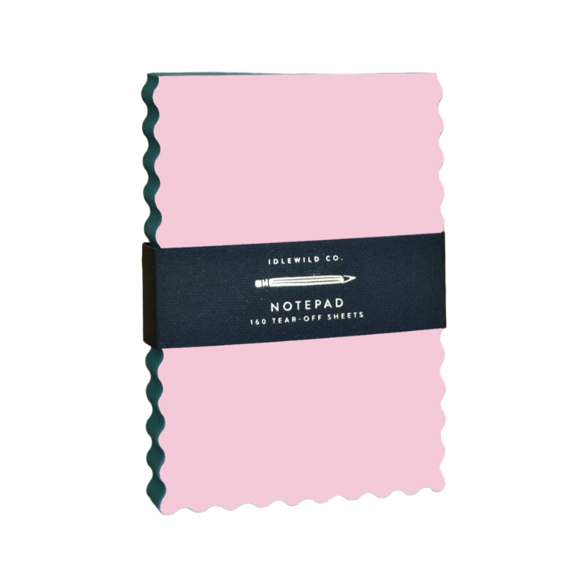 Pink notepad with a black band featuring 'Idlewild Co.' on a yellow background