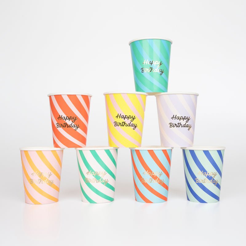 Mixed Stripe Happy Birthday Cups by Meri Meri at Confetti Gift and Party Tuscaloosa Alabama