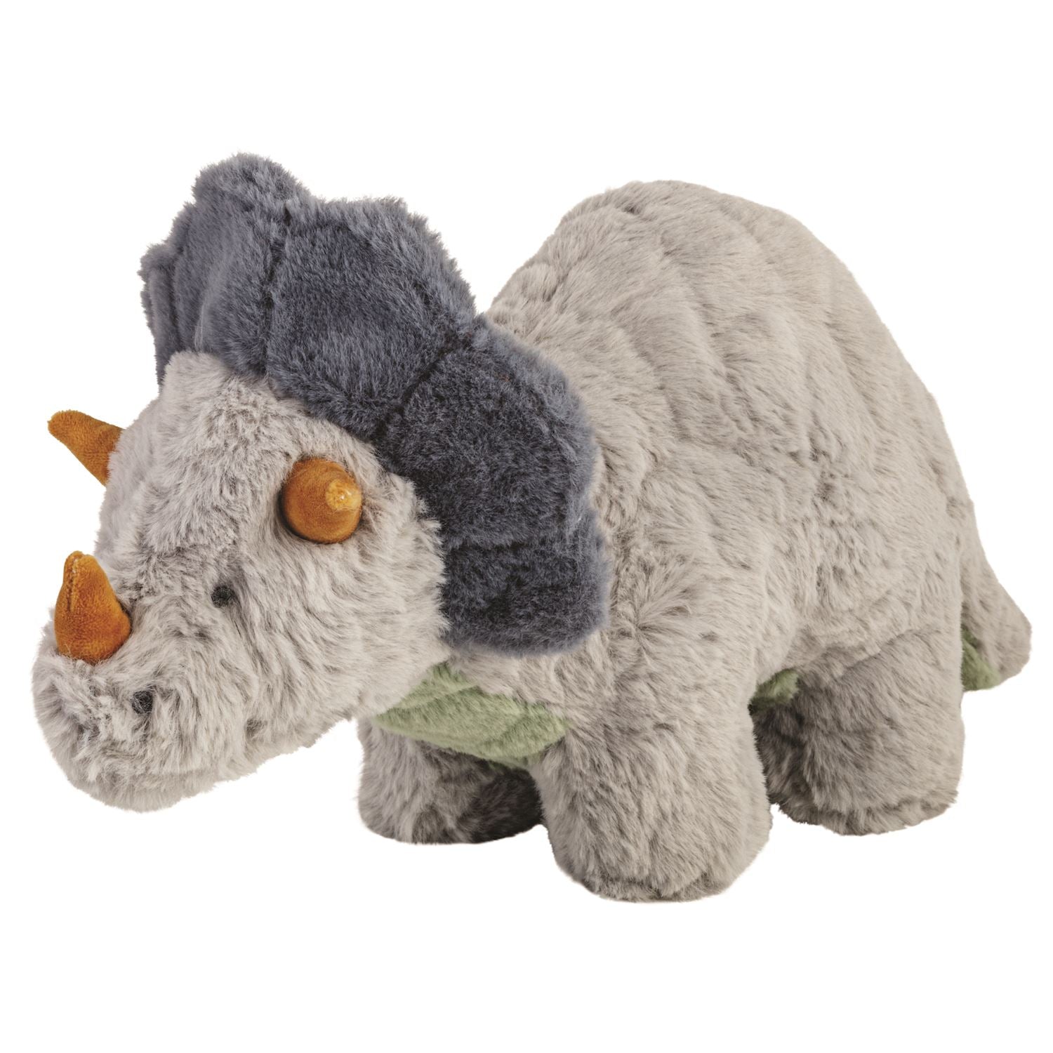 Monty the triceratops plush toy with soft gray fur, blue frill, and orange horn