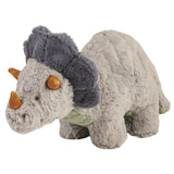 Monty the triceratops plush toy with soft gray fur, blue frill, and orange horn