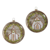 Set of two 5-inch glass disc ornaments featuring multicolor church and music sheet designs by artist Haley Bush.