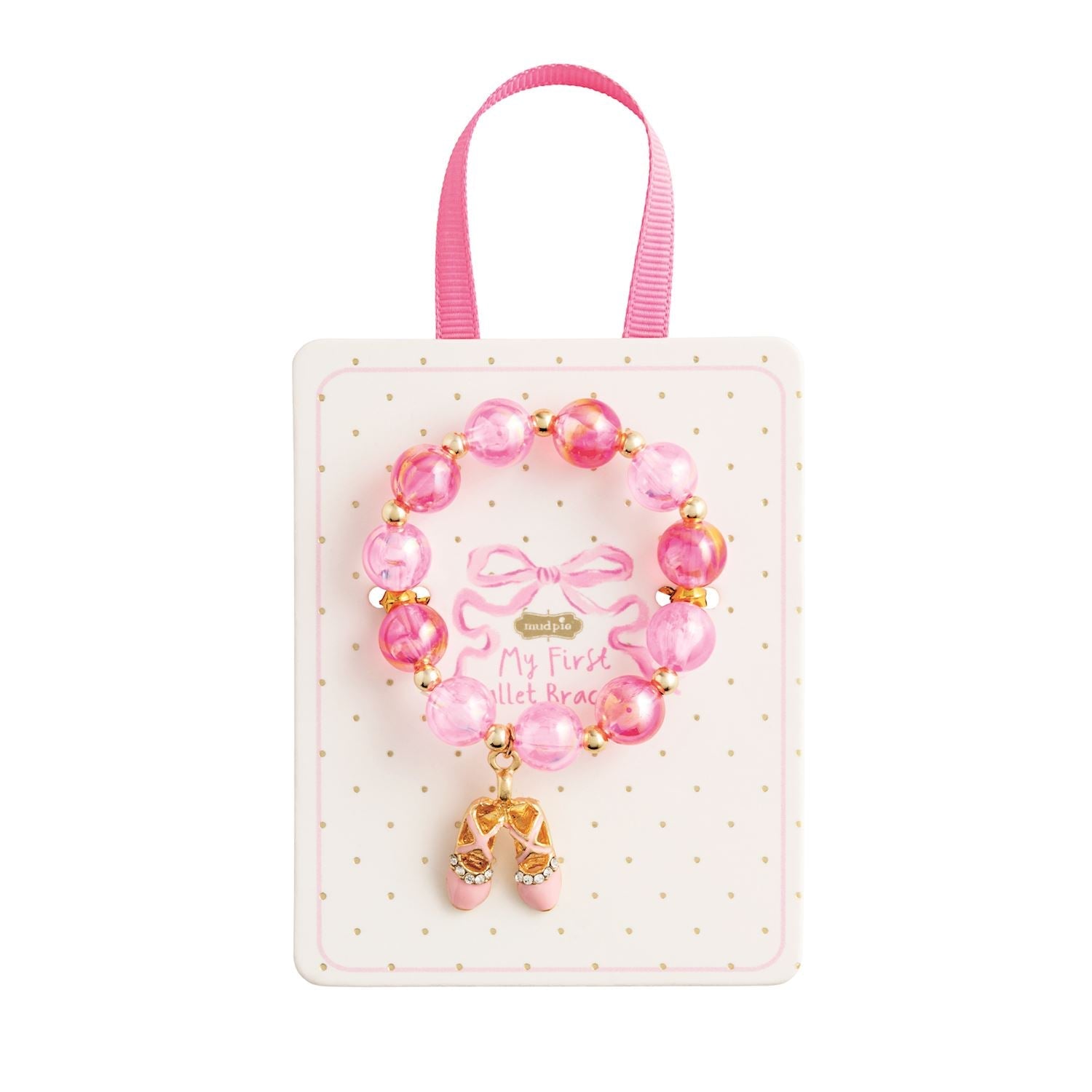 pink beaded stretch bracelets for kids with ballet slipper and bow enamel charms on display cards