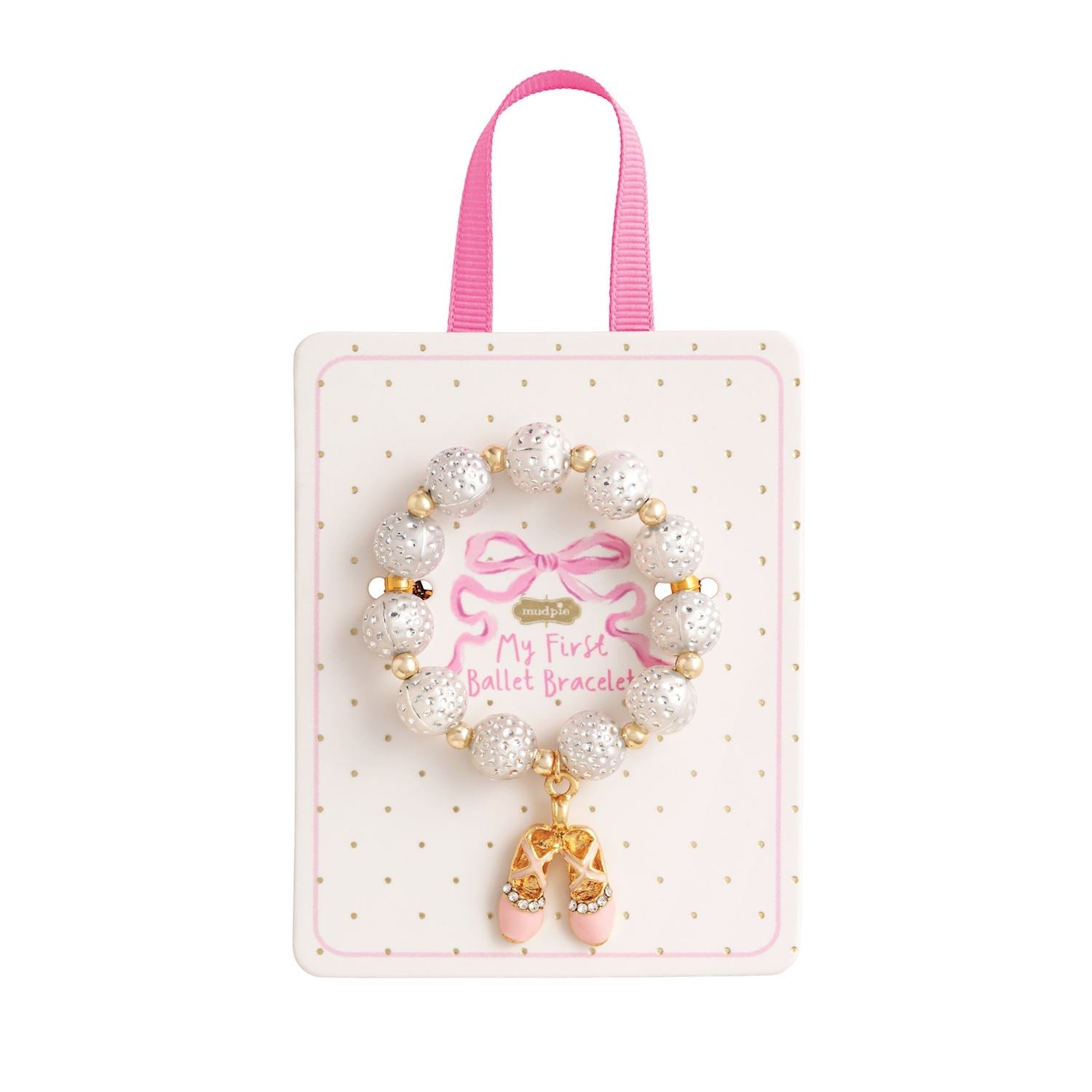 pink and white beaded stretch bracelets for kids with ballet slipper and bow enamel charms on display cards
