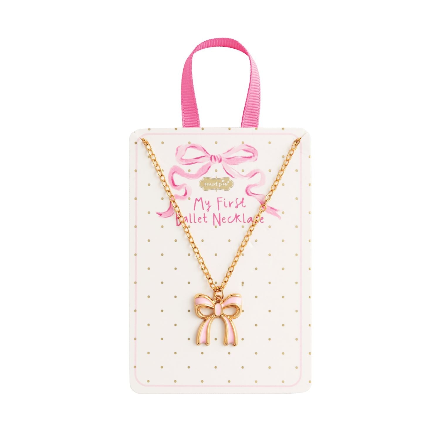 "Gold chain necklace with pink enamel bow charm on polka dot display card for kids