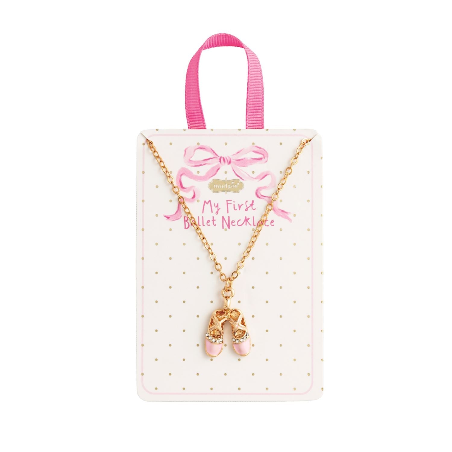 Gold chain necklace with pink enamel ballet slippers charm on polka dot display card for kids