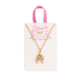 Gold chain necklace with pink enamel ballet slippers charm on polka dot display card for kids