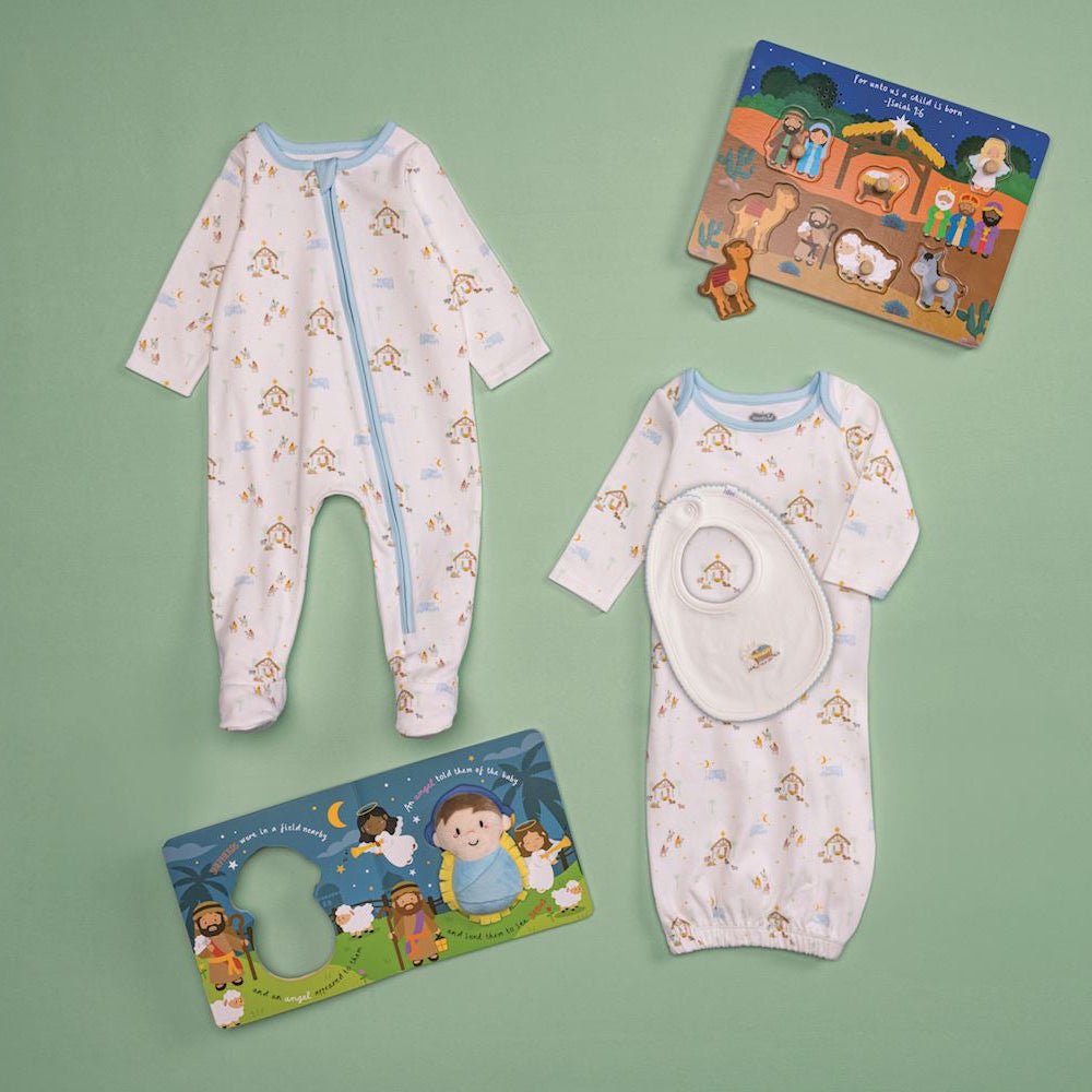  Nativity print baby gown with embroidered bib for Christmas