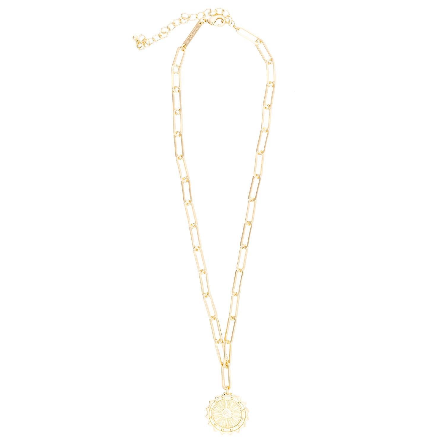 Canton 18k gold-plated paperclip chain necklace with coin medallion pendant, adjustable length