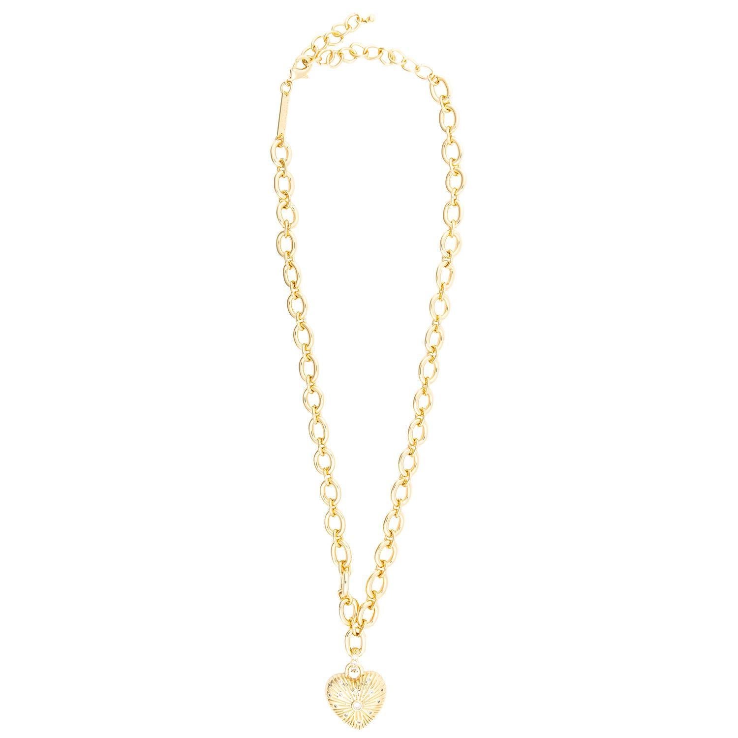 Hampton 18k gold-plated round link chain necklace with textured heart pendant, adjustable length