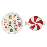 Hand-painted nested Christmas candy platters featuring a red peppermint swirl and festive holiday icons