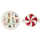 Hand-painted nested Christmas candy platters featuring a red peppermint swirl and festive holiday icons