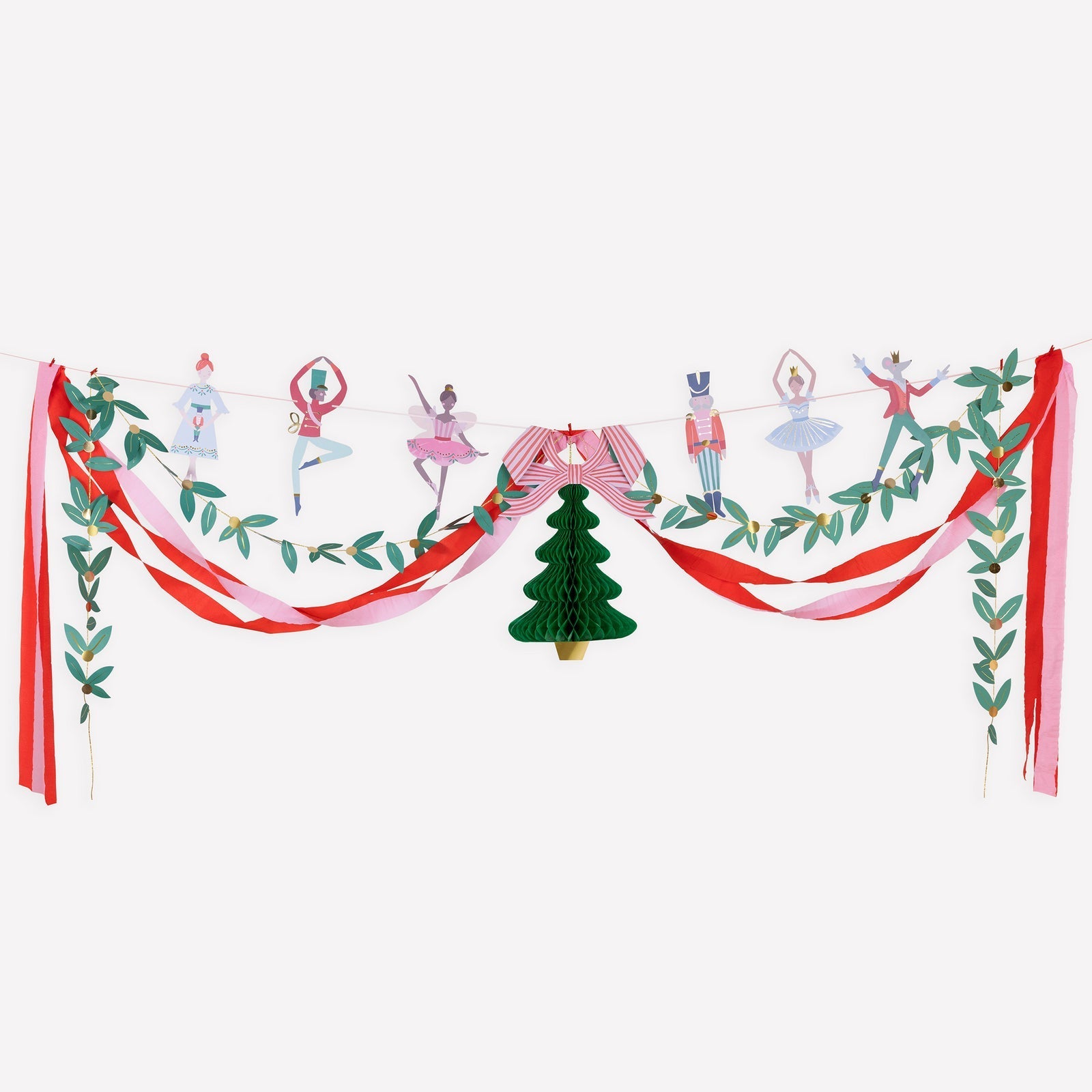 Nutcracker Ballet Christmas garland with dancers, 3D tree, red and pink streamers, and gold foil details