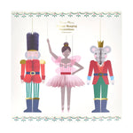 Nutcracker, Mouse King, and Ballerina hanging Christmas decorations with honeycomb details and gold accents