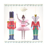 Nutcracker, Mouse King, and Ballerina hanging Christmas decorations with honeycomb details and gold accents