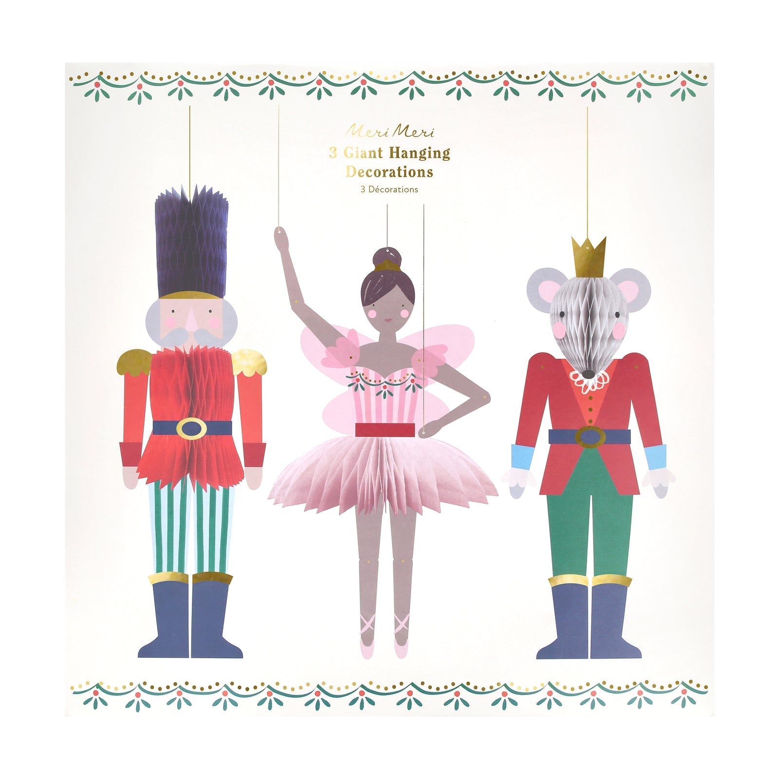 Nutcracker, Mouse King, and Ballerina hanging Christmas decorations with honeycomb details and gold accents