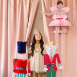 Nutcracker, Mouse King, and Ballerina hanging Christmas decorations with honeycomb details and gold accents