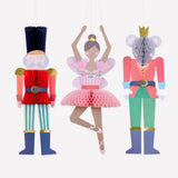 Nutcracker, Mouse King, and Ballerina hanging Christmas decorations with honeycomb details and gold accents