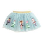 Light blue mesh tutu skirt with sequin Nutcracker icons, ballerina, Christmas trees, and gold waistband
