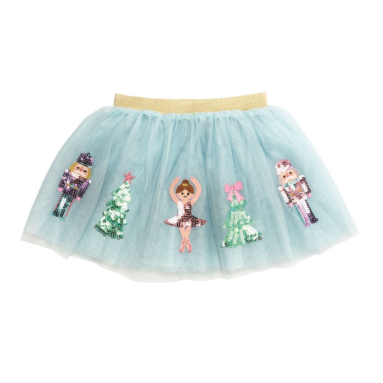 Light blue mesh tutu skirt with sequin Nutcracker icons, ballerina, Christmas trees, and gold waistband
