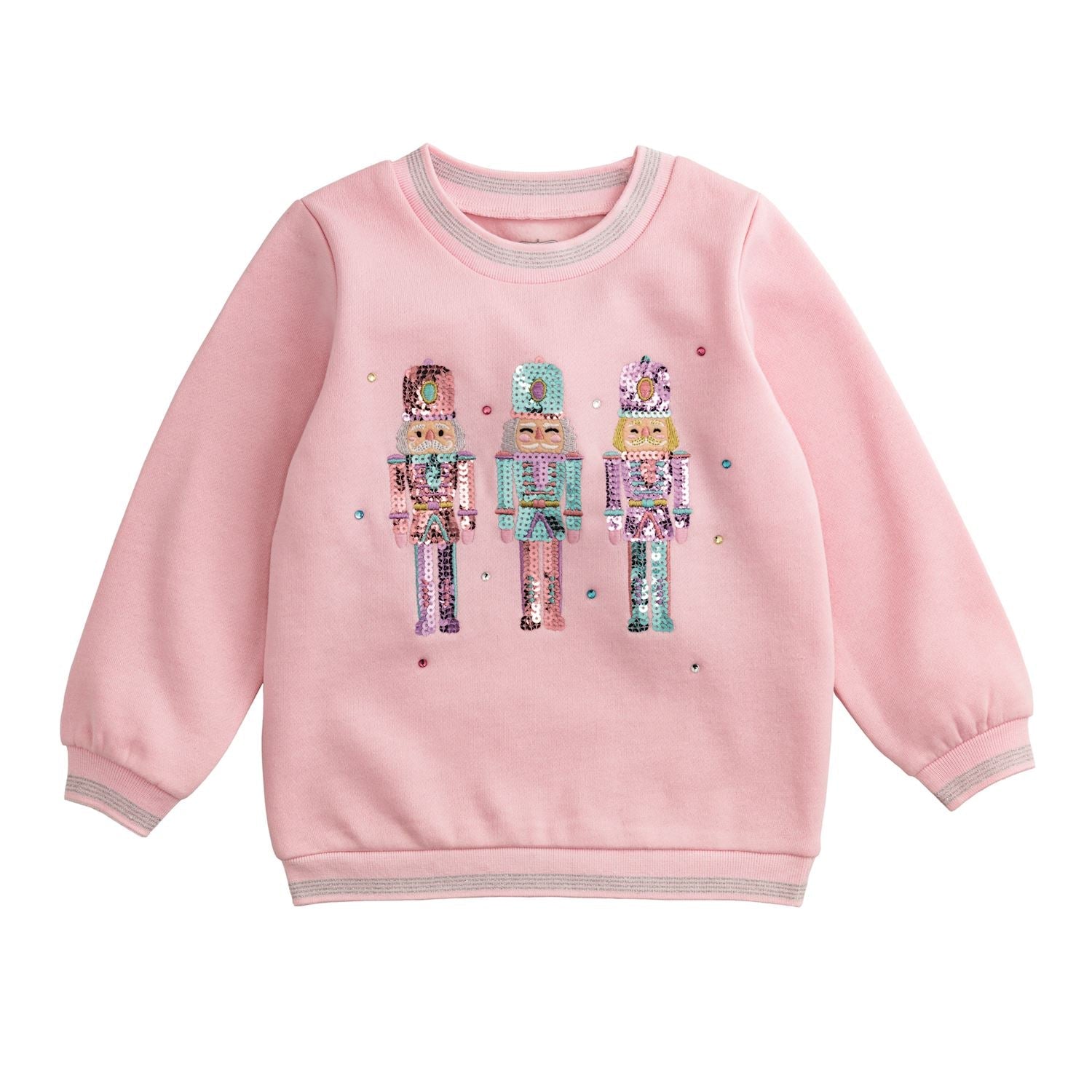 Toddler sweatshirt with sequin nutcracker applique and silver lurex ribbed trim