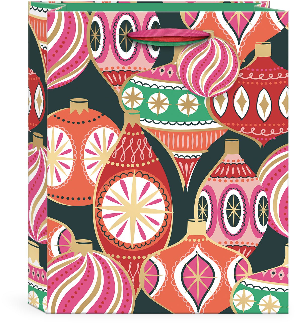 Punch Studio Opulent Ornaments Medium Vertical Gift Bag with colorful ornament design and gold foil accents.