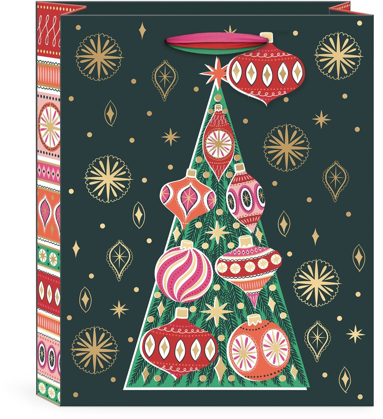 Punch Studio Opulent Ornaments Tree Gift Bag with gold foil Christmas tree and vintage ornaments.