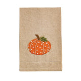 Chambray hand towel with orange pumpkin appliqué and French knot detailing
