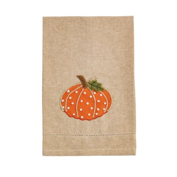 Chambray hand towel with orange pumpkin appliqué and French knot detailing