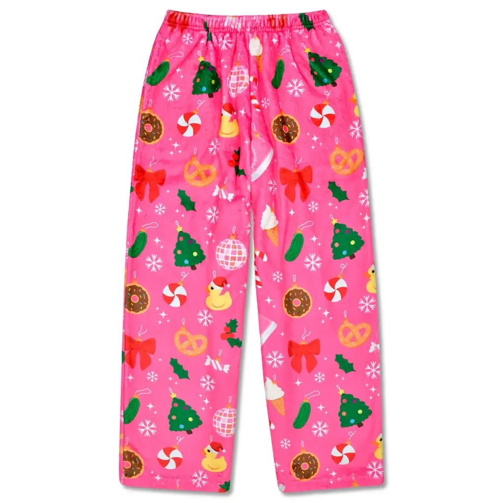 Children’s Ornament plush pants with festive holiday print featuring ornaments, bows, treats, and Christmas trees on pink fabric.