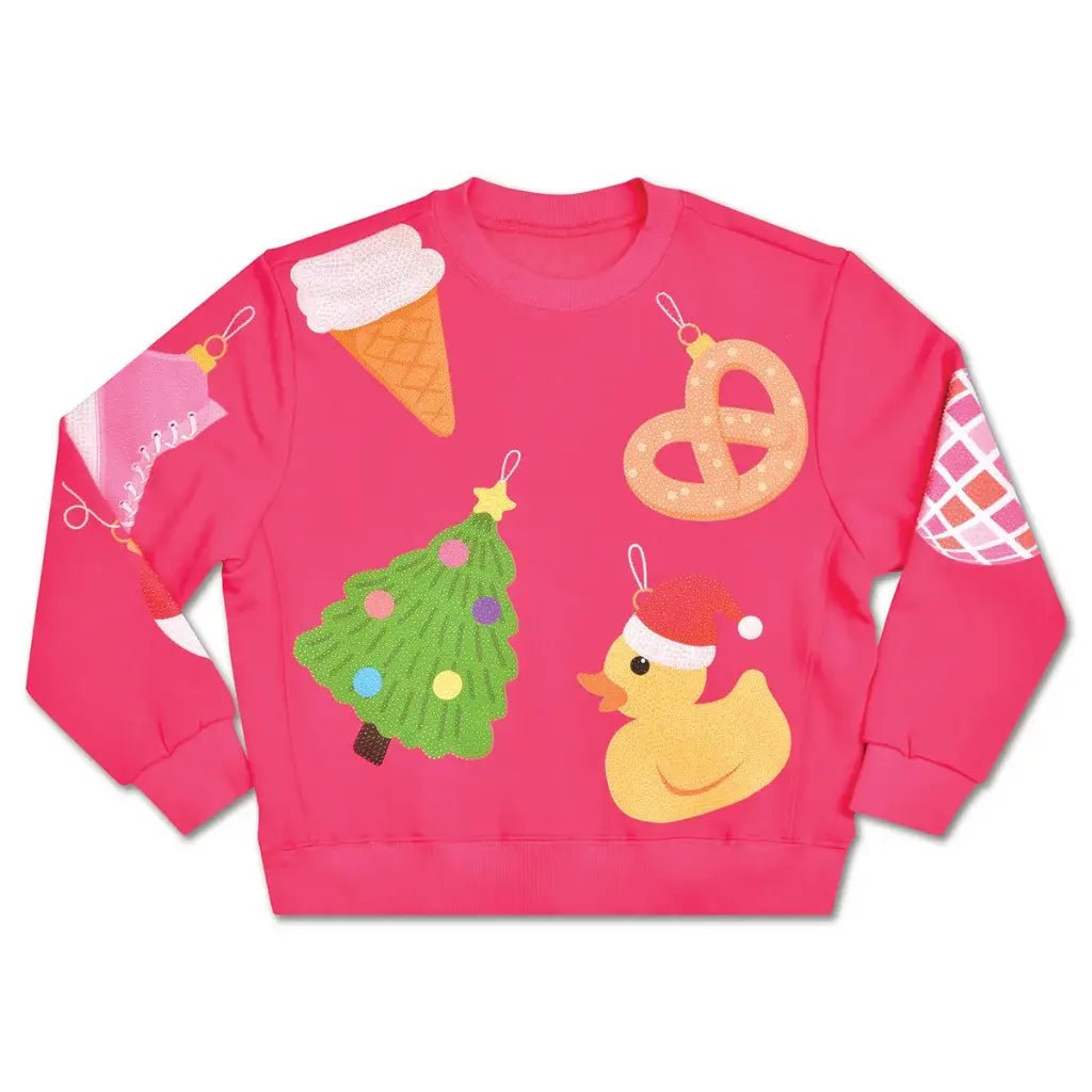 Bright pink kids’ sweatshirt with fun holiday ornament graphics including a Christmas tree, ice cream cone, pretzel, disco ball, and rubber duck in a Santa hat.