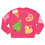Bright pink kids’ sweatshirt with fun holiday ornament graphics including a Christmas tree, ice cream cone, pretzel, disco ball, and rubber duck in a Santa hat.