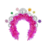 Hot pink tinsel headband with disco balls and glitter stars